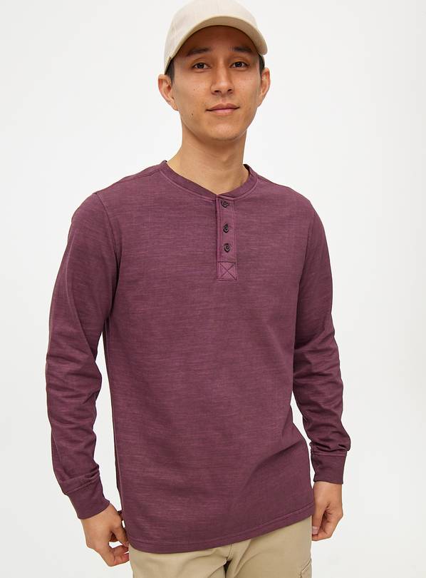 Dark Red Garment Dye Henley T-Shirt L